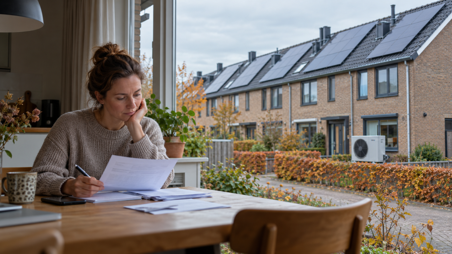 Energiezuinige Nederlandse huurwoningen met zonnepanelen, terwijl een bewoner een overzicht van de woonlasten bekijkt.
