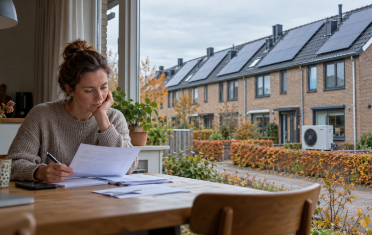 Energiezuinige Nederlandse huurwoningen met zonnepanelen, terwijl een bewoner een overzicht van de woonlasten bekijkt.