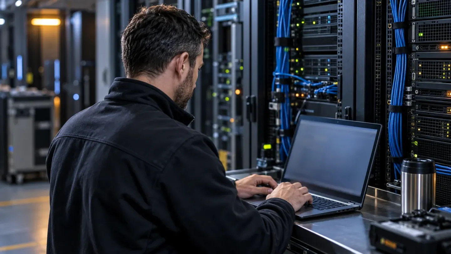 IT-beheerder werkt op een laptop naast serverkasten, als illustratie bij een Exchange-beveiligingsupdate