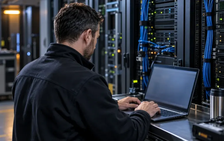 IT-beheerder werkt op een laptop naast serverkasten, als illustratie bij een Exchange-beveiligingsupdate