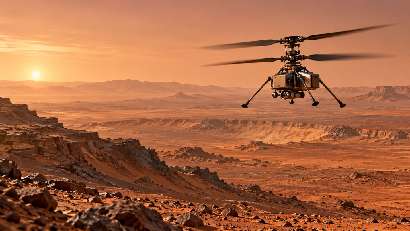 Illustratie van een toekomstige helikopter die boven het landschap van Mars vliegt