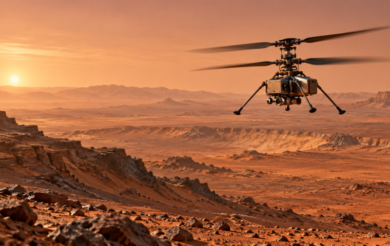 Illustratie van een toekomstige helikopter die boven het landschap van Mars vliegt