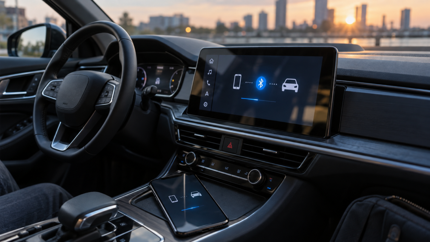 Telefoon gekoppeld aan het informatiesysteem van een moderne auto via Bluetooth