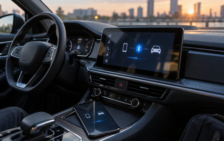 Telefoon gekoppeld aan het informatiesysteem van een moderne auto via Bluetooth