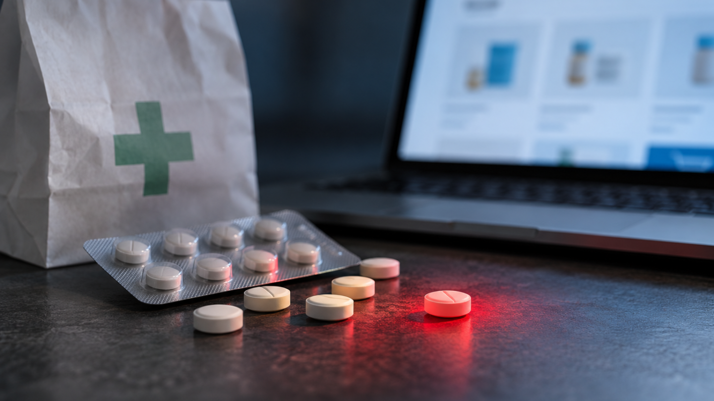 Conceptuele illustratie van pillen naast een laptop met een online medicijnwinkel