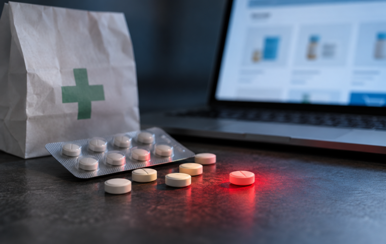 Conceptuele illustratie van pillen naast een laptop met een online medicijnwinkel