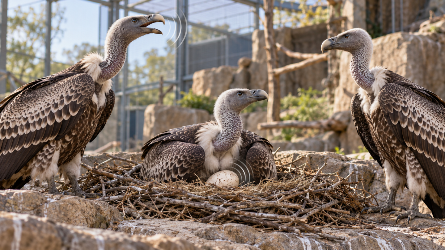 Drie Rüppellsgieren bij een nest; één vogel roept en een ei ligt zichtbaar