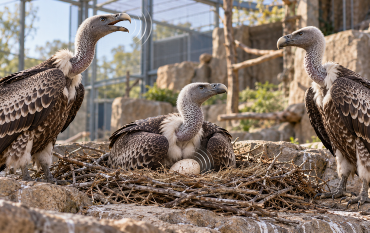 Drie Rüppellsgieren bij een nest; één vogel roept en een ei ligt zichtbaar