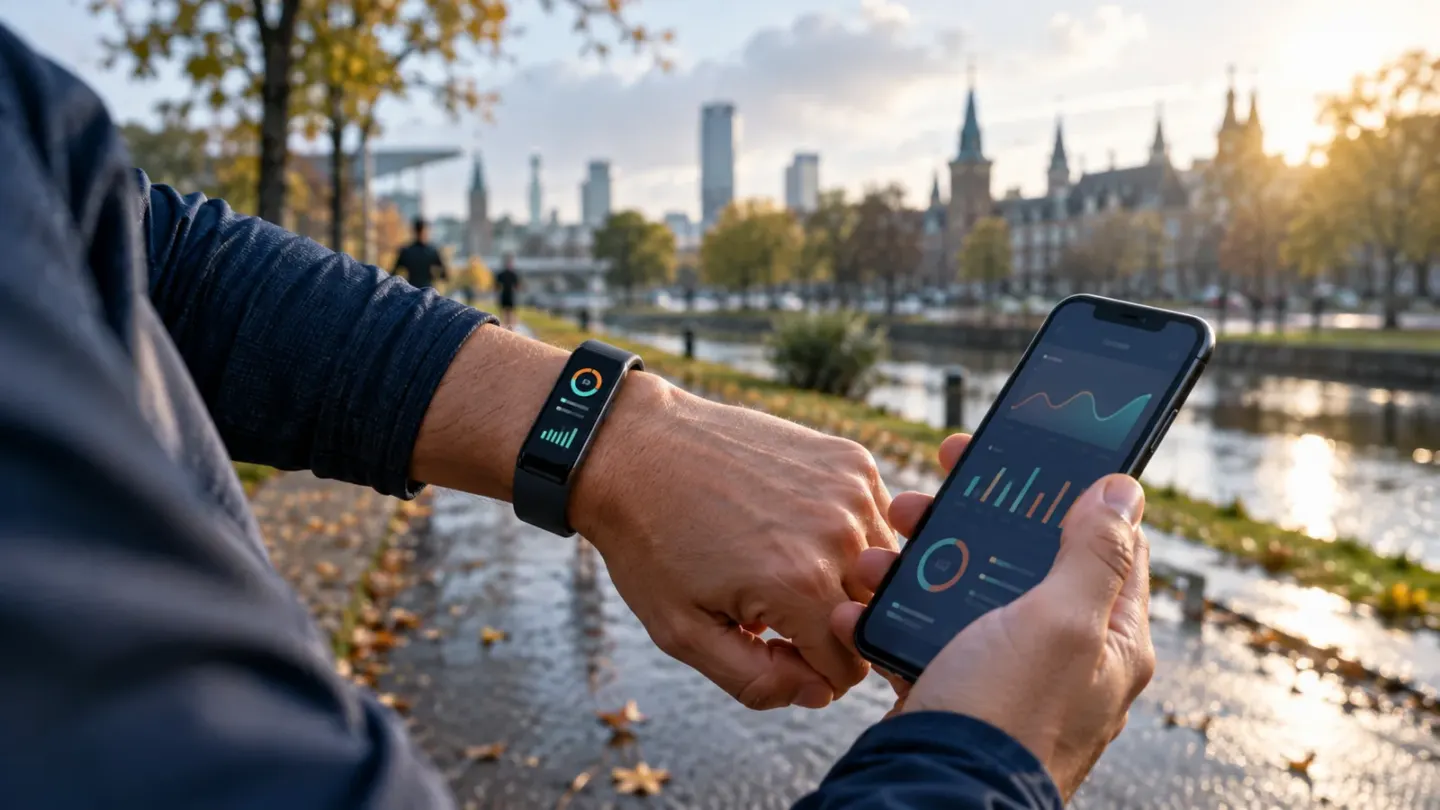 Hardloper bekijkt een slanke fitnesstracker en gezondheidsgegevens op een smartphone in een stadspark.