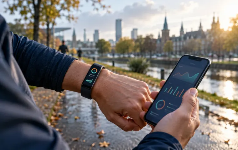 Hardloper bekijkt een slanke fitnesstracker en gezondheidsgegevens op een smartphone in een stadspark.
