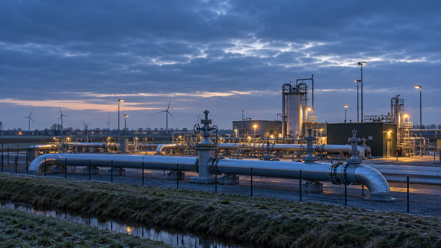 Nederlandse gasopslaginstallatie in een winterlandschap