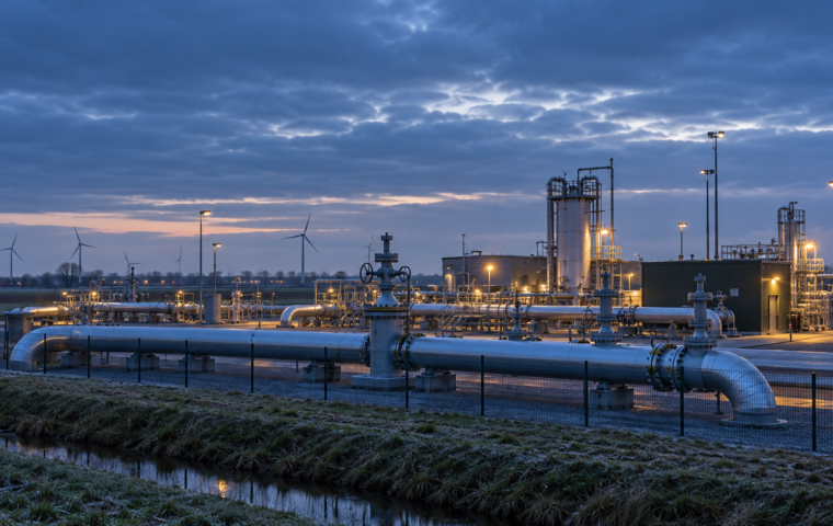 Nederlandse gasopslaginstallatie in een winterlandschap