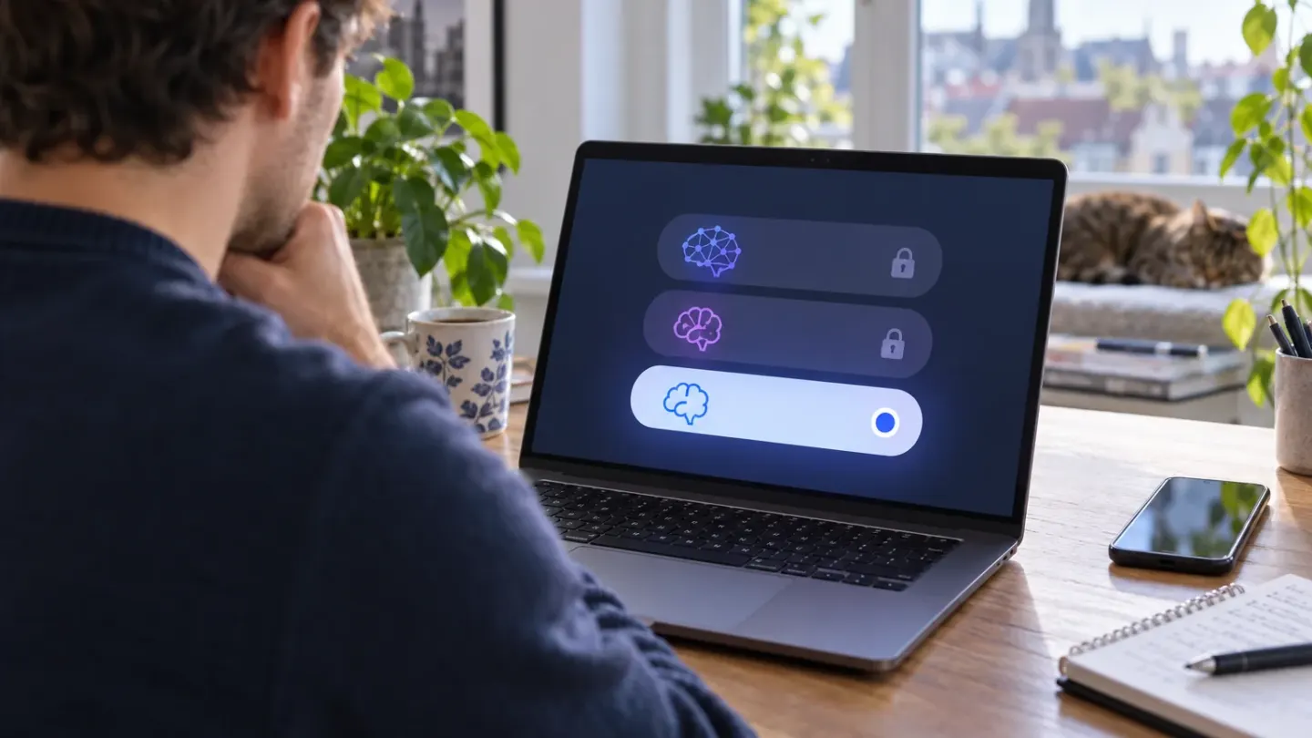 Een gebruiker kijkt op een laptop naar een conceptuele modelkeuze waarvan nog één optie beschikbaar is