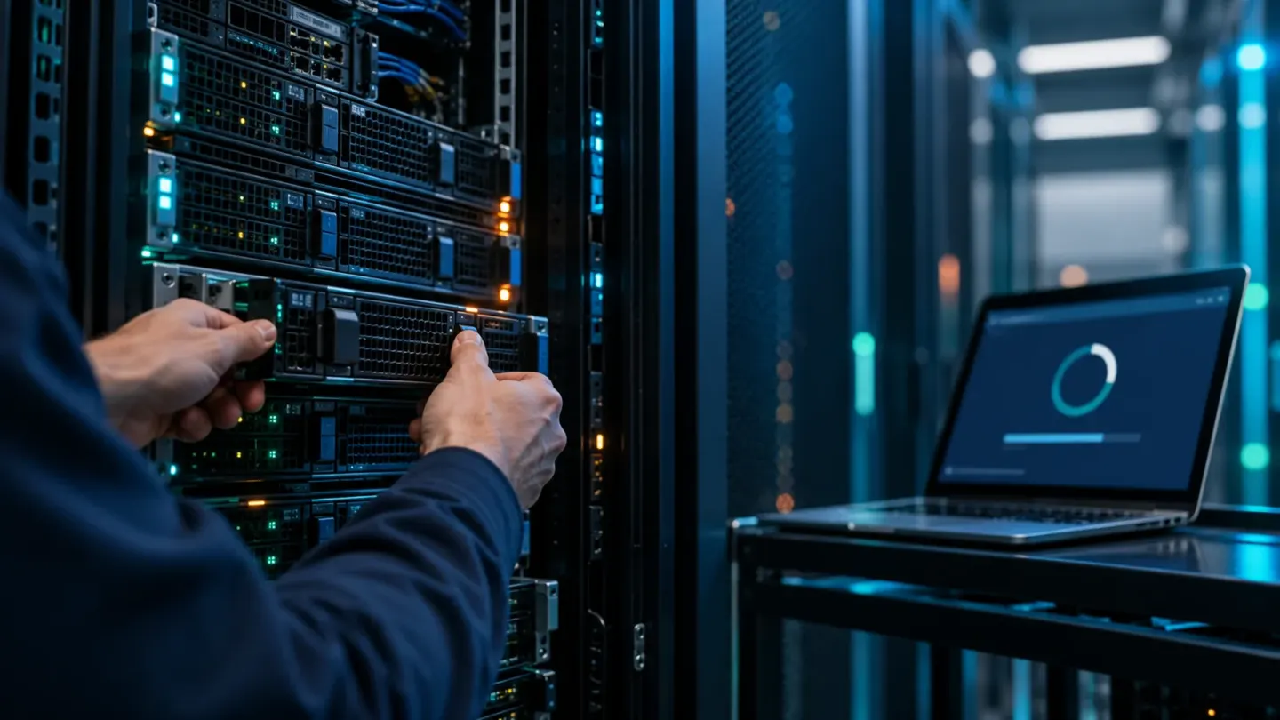 Conceptuele illustratie van een beheerder die een server controleert tijdens een beveiligingsupdate