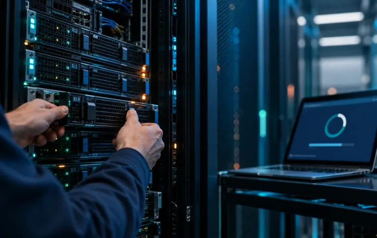 Conceptuele illustratie van een beheerder die een server controleert tijdens een beveiligingsupdate