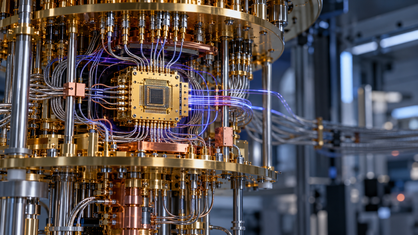Conceptuele weergave van een quantumprocessor in een cryogene installatie met metalen bedrading