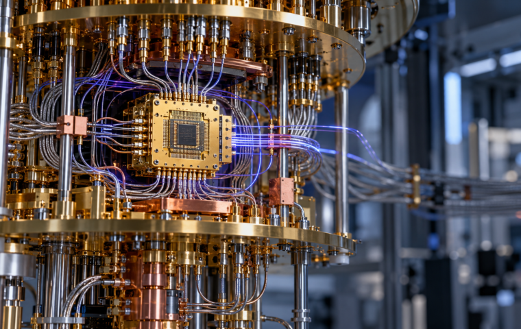 Conceptuele weergave van een quantumprocessor in een cryogene installatie met metalen bedrading