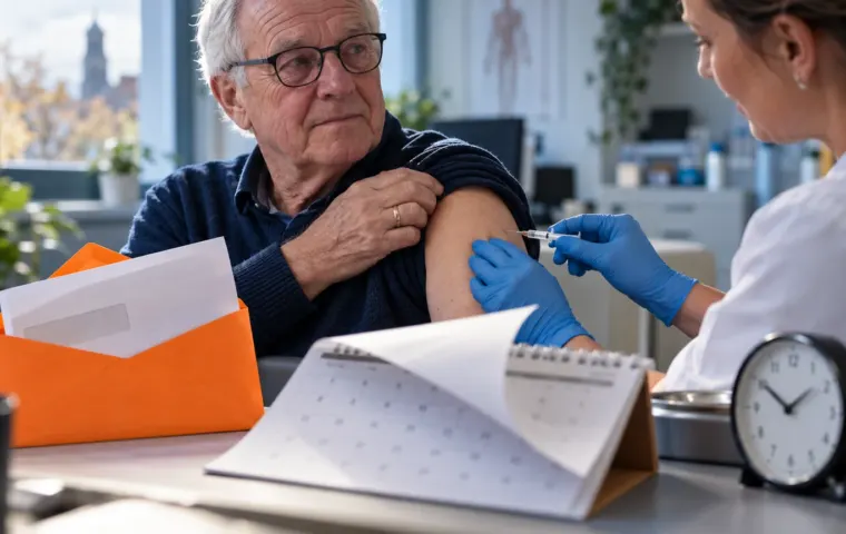 Oudere man krijgt een griepprik naast een uitnodigingsenvelop, kalender en klok
