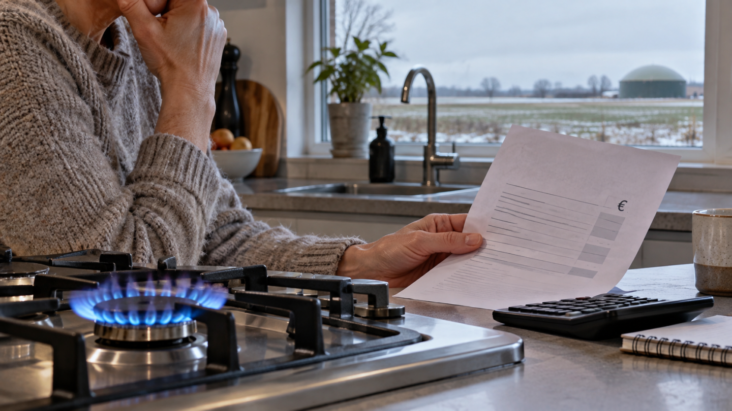 Een bewoner bekijkt een energierekening naast een brandend gasfornuis, met een installatie voor groen gas in de verte.