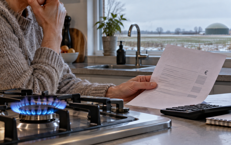 Een bewoner bekijkt een energierekening naast een brandend gasfornuis, met een installatie voor groen gas in de verte.