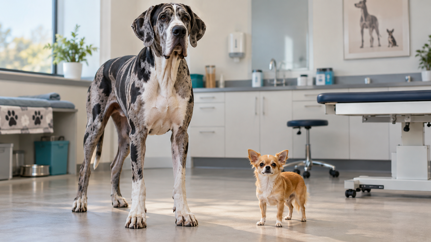 Een grote Duitse dog en een kleine chihuahua staan naast elkaar in een dierenartspraktijk.