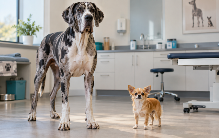 Een grote Duitse dog en een kleine chihuahua staan naast elkaar in een dierenartspraktijk.