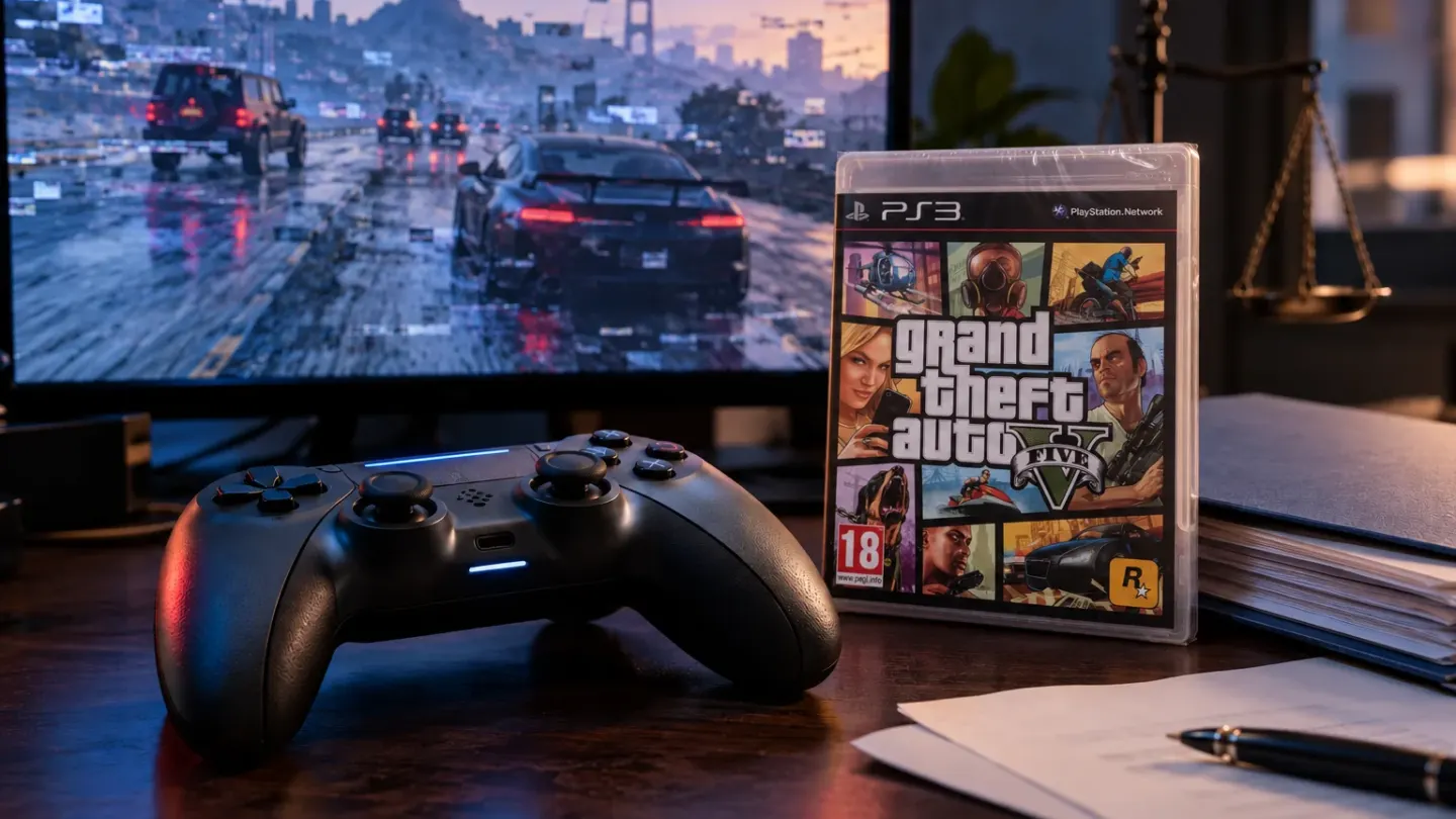 Gamecontroller naast een fysiek GTA V-spel, een verstoord multiplayerbeeld en een neutrale rechtbankmap