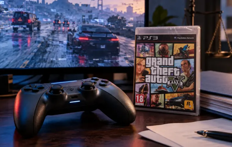 Gamecontroller naast een fysiek GTA V-spel, een verstoord multiplayerbeeld en een neutrale rechtbankmap