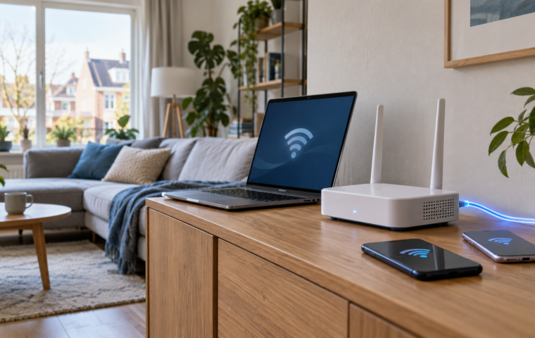 Redactionele illustratie van een modem, laptop en telefoons in een Nederlandse woonkamer met een glasvezelverbinding.