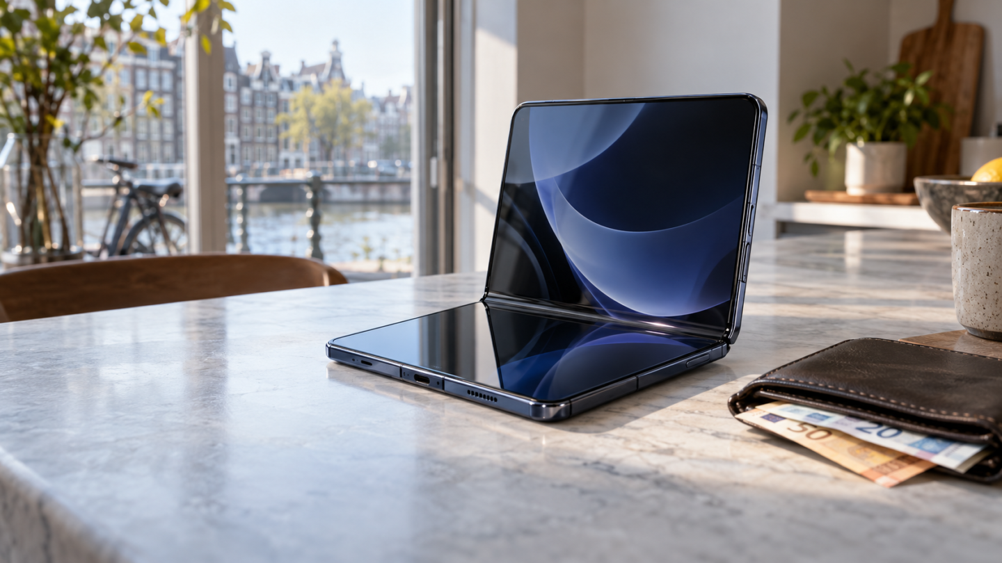 Illustratie van een opvouwbare telefoon op een Nederlandse keukentafel naast een portemonnee