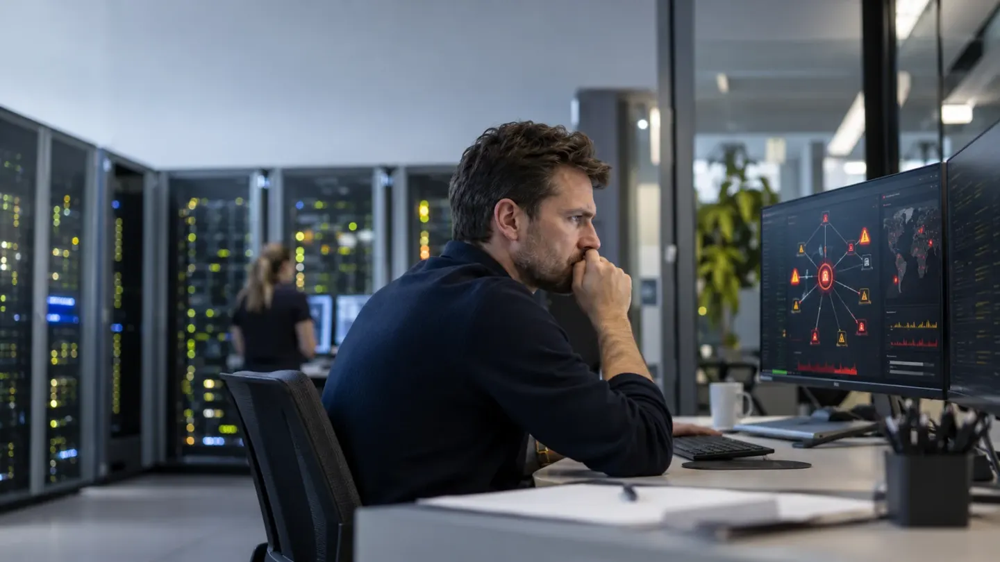 IT-beheerder controleert een urgente beveiligingsmelding in een ruimte met serverkasten.