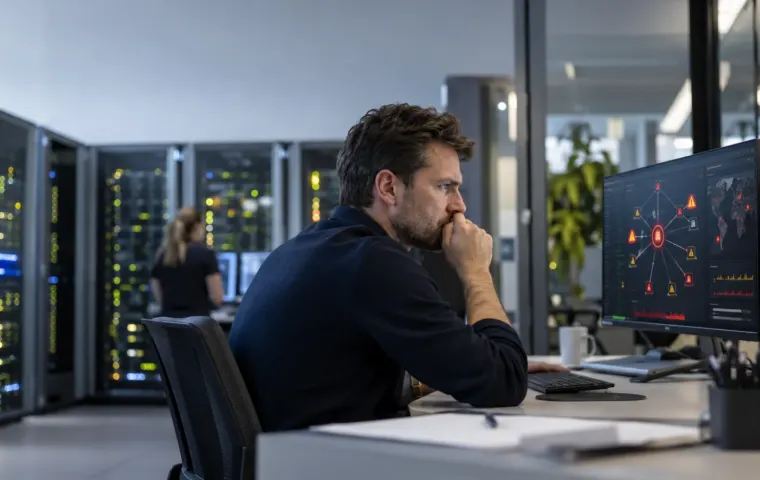 IT-beheerder controleert een urgente beveiligingsmelding in een ruimte met serverkasten.