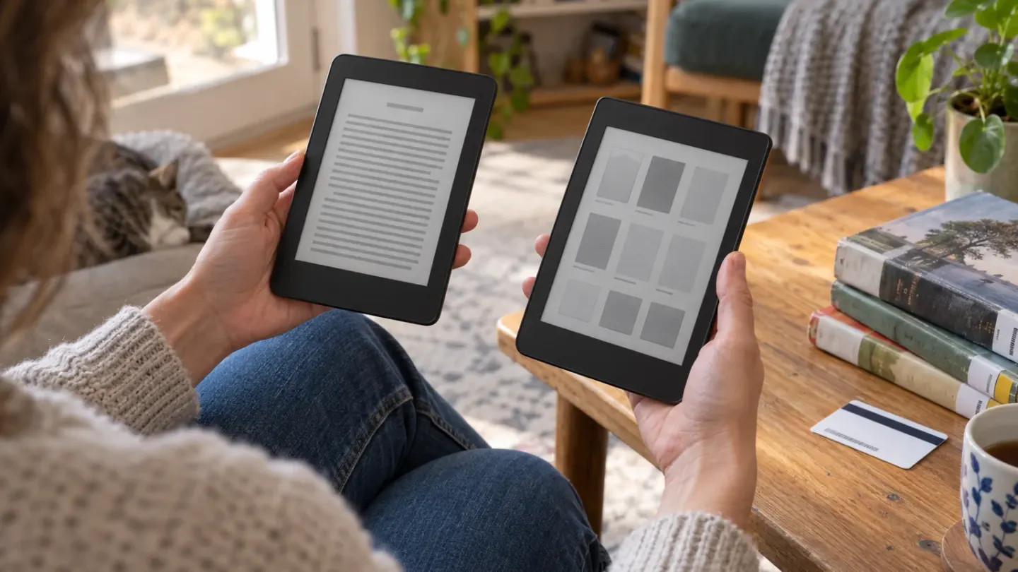 Lezer vergelijkt thuis twee e-readers naast een stapel bibliotheekboeken
