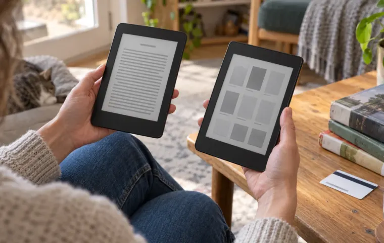 Lezer vergelijkt thuis twee e-readers naast een stapel bibliotheekboeken