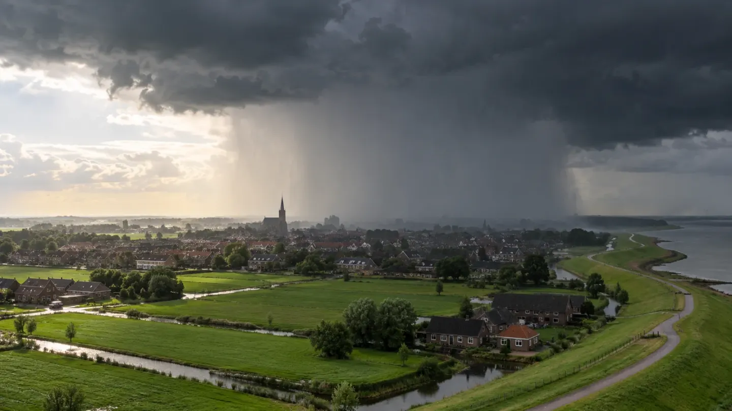 Een plaatselijke zware regenbui boven een Nederlandse stad, met helder weer vlak daarnaast.