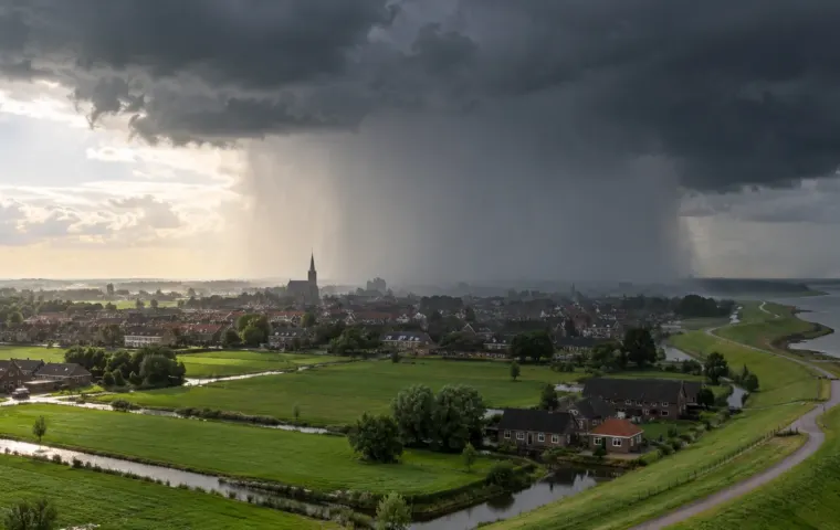 Een plaatselijke zware regenbui boven een Nederlandse stad, met helder weer vlak daarnaast.