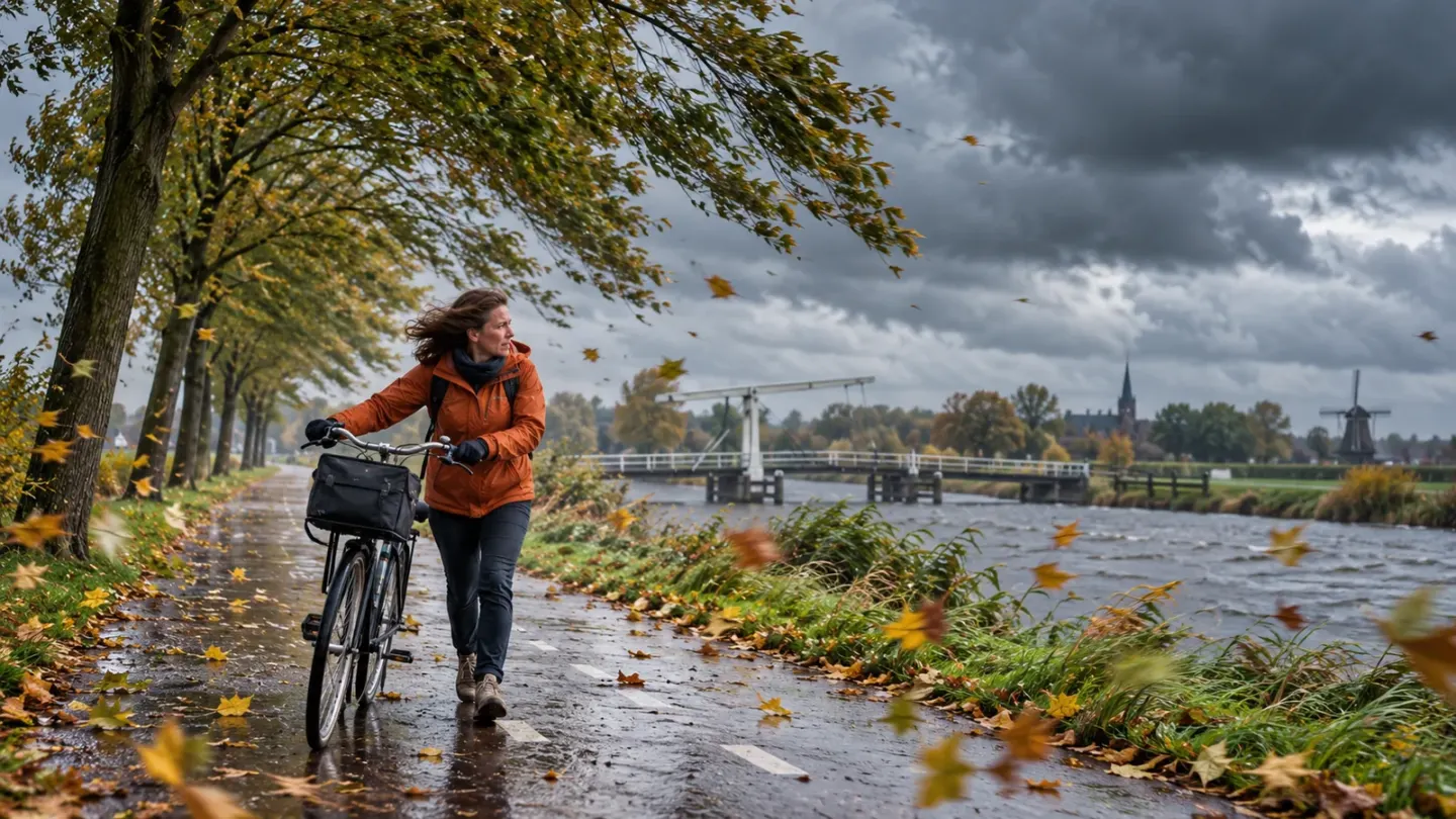 Fietser duwt een fiets over een nat Nederlands fietspad terwijl harde wind aan bomen en bladeren trekt.