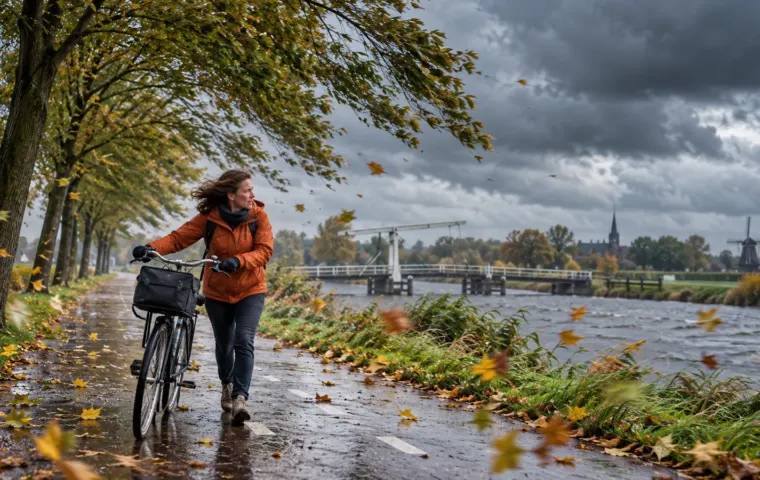 Fietser duwt een fiets over een nat Nederlands fietspad terwijl harde wind aan bomen en bladeren trekt.