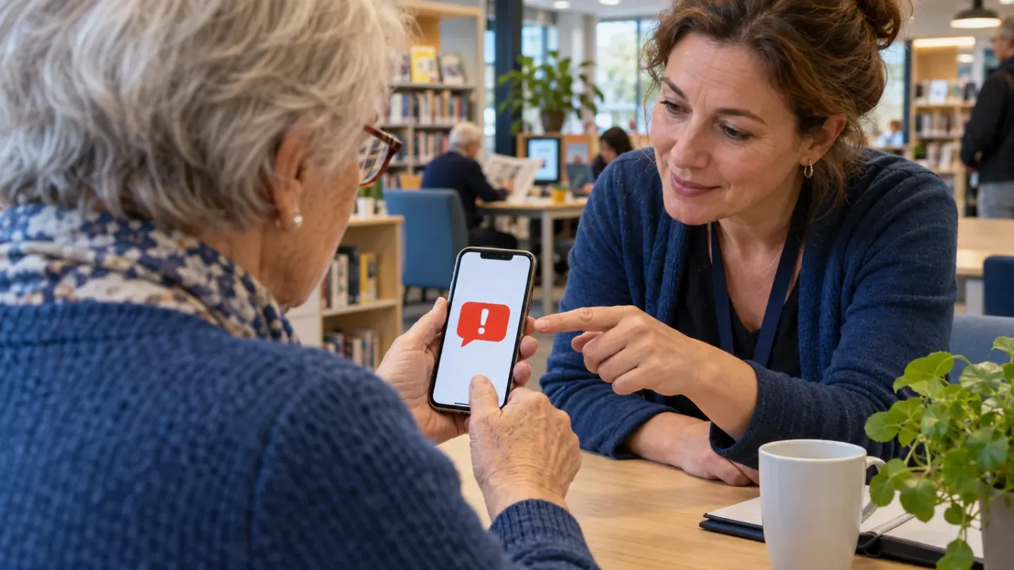 Over de schouder van een oudere vrouw is te zien hoe zij een verdacht telefoonbericht bespreekt met een digitale vrijwilliger