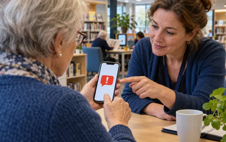 Over de schouder van een oudere vrouw is te zien hoe zij een verdacht telefoonbericht bespreekt met een digitale vrijwilliger