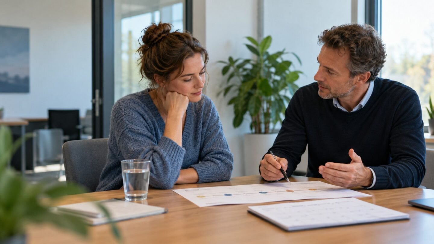 Werknemer bespreekt een re-integratieplan met een arboprofessional aan een tafel