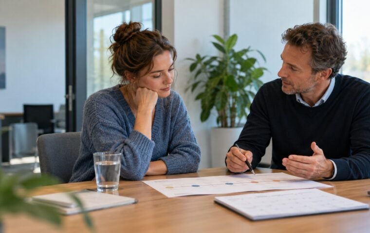 Werknemer bespreekt een re-integratieplan met een arboprofessional aan een tafel