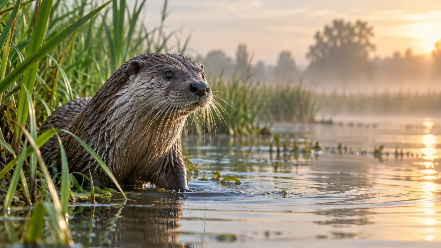 AI-illustratie van een otter aan de rand van een rietrijke zoetwaterplas bij zonsopkomst.