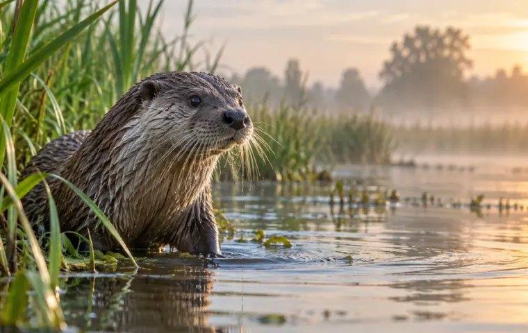 AI-illustratie van een otter aan de rand van een rietrijke zoetwaterplas bij zonsopkomst.