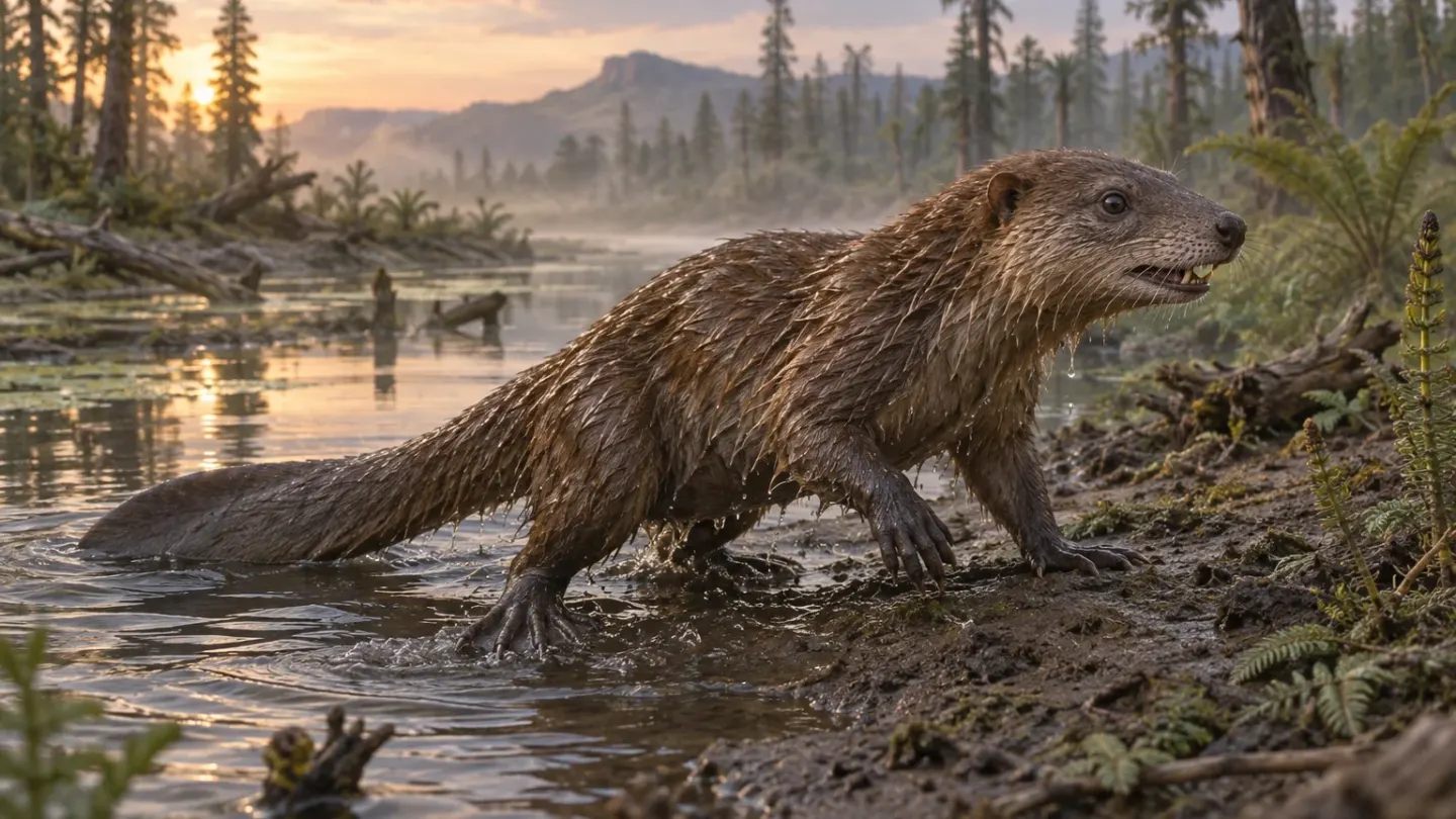 Realistische AI-reconstructie van Megacauda die uit ondiep Jura-water op een modderige oever klimt.