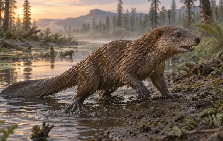 Realistische AI-reconstructie van Megacauda die uit ondiep Jura-water op een modderige oever klimt.