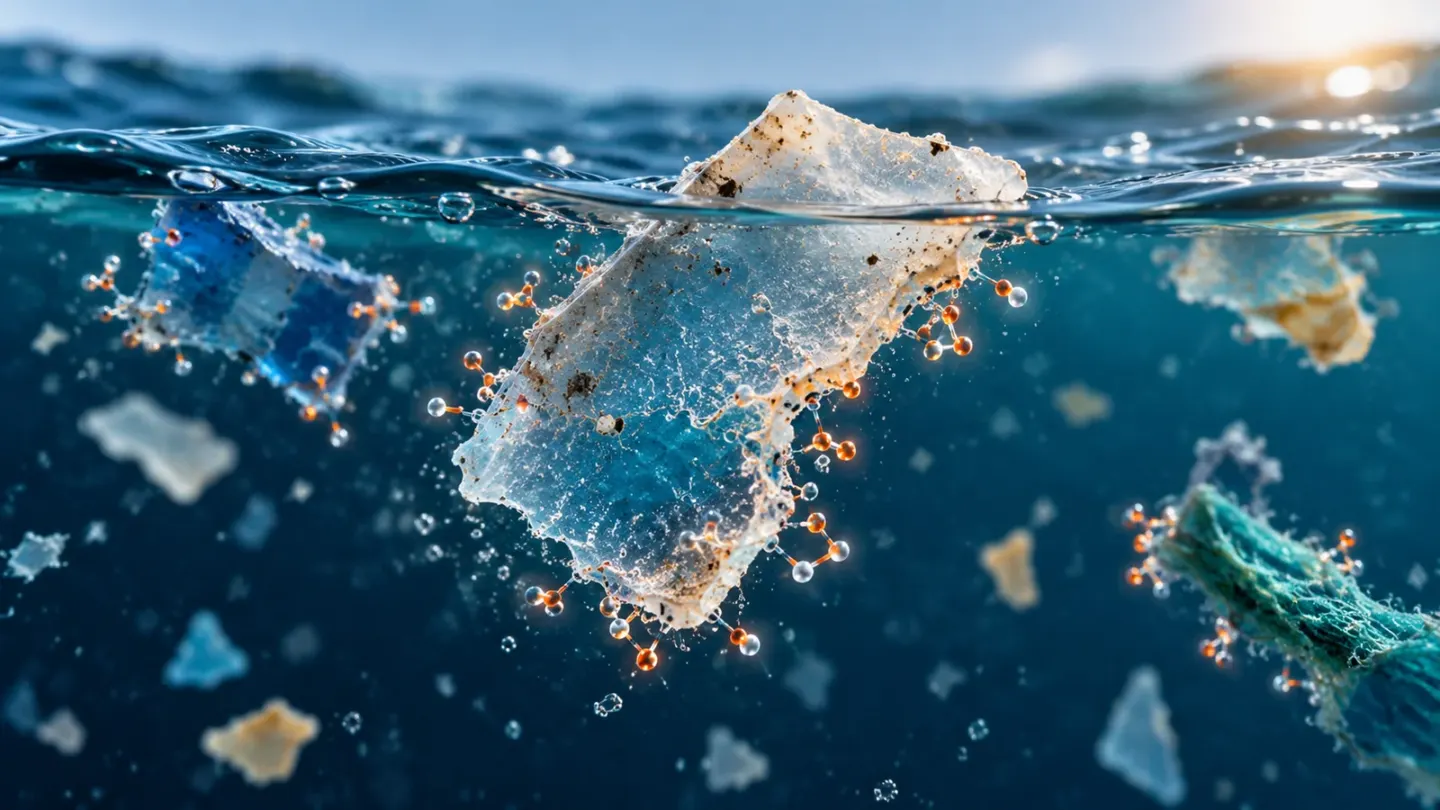 Redactionele illustratie van kleine plasticfragmenten in water, met moleculaire symbolen rond het contactoppervlak.