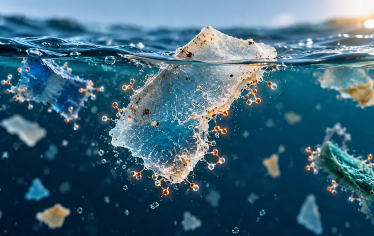 Redactionele illustratie van kleine plasticfragmenten in water, met moleculaire symbolen rond het contactoppervlak.