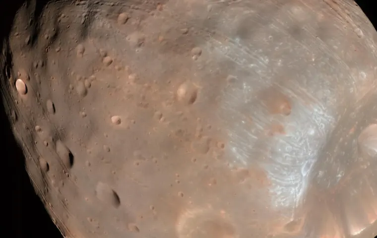 Kleurenopname van de onregelmatige, met kraters bedekte Marsmaan Phobos tegen een zwarte achtergrond.
