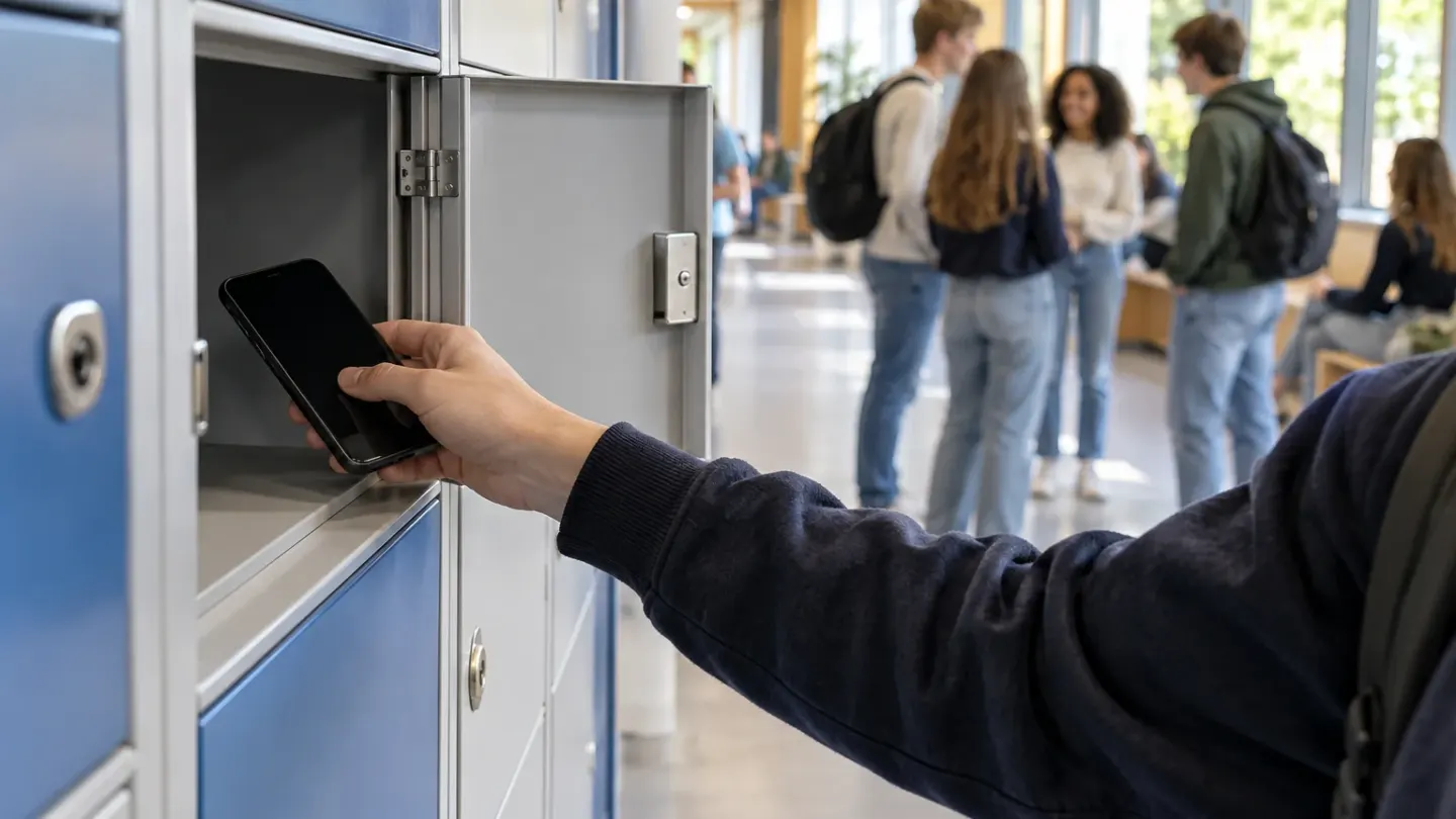 Een leerling legt tijdens de schooldag een smartphone in een kluisje op een Nederlandse school